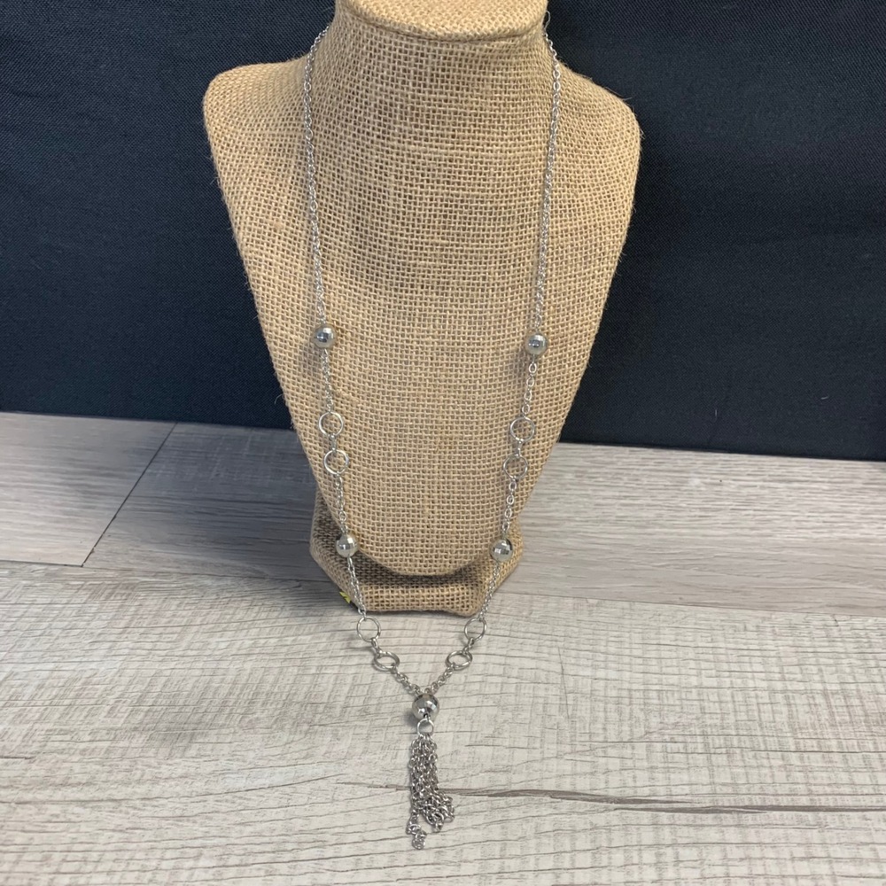 Silver Tone Tassel Station Necklace Long Bead and Link Chain 26 Inch
